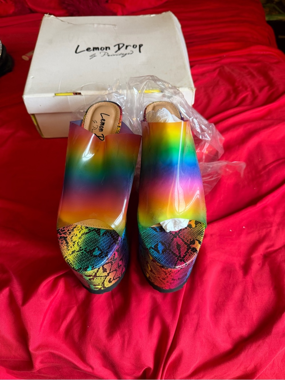 Rainbow Snake-Print Platform Mules - Multicolor Women’s Slip-On Wedges - Picture 4 of 4
